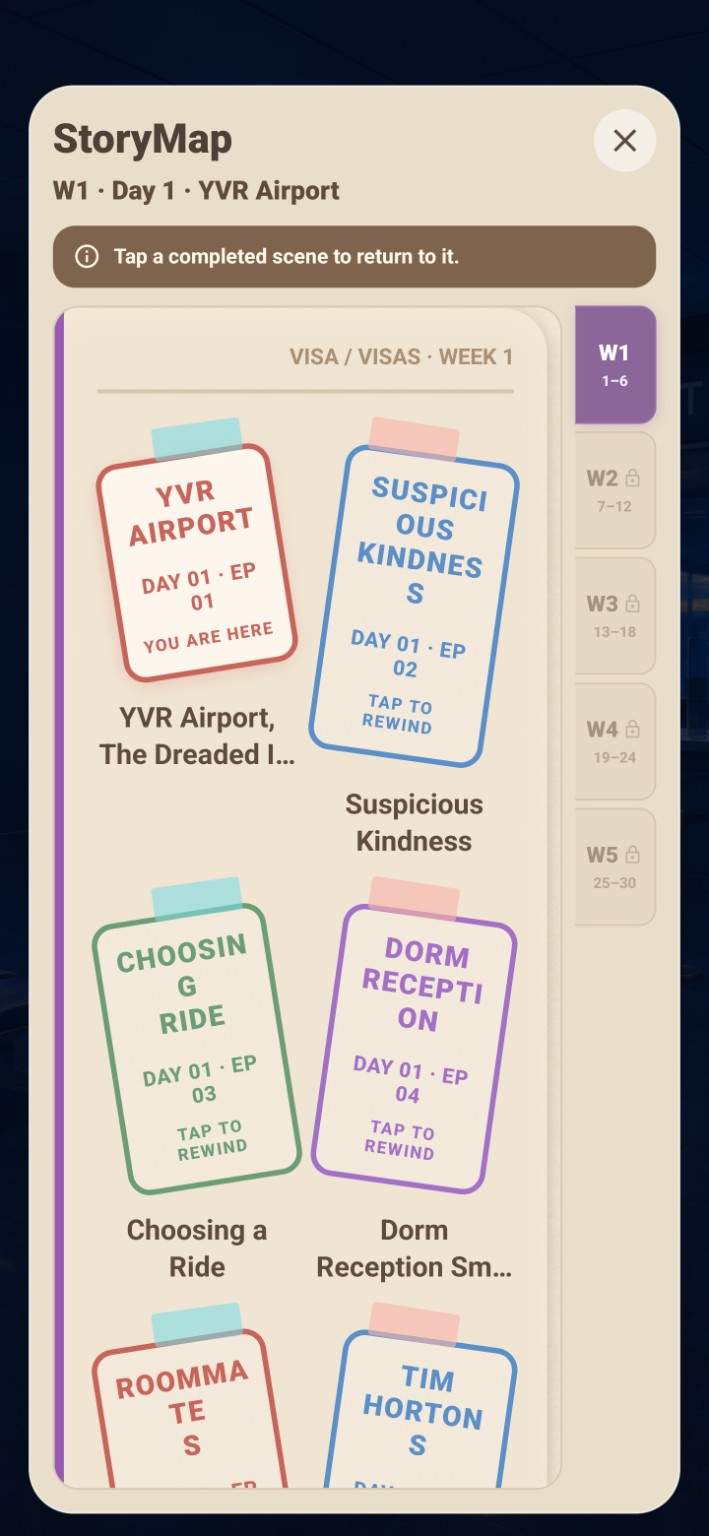Read The Room StoryMap screen showing episode cards