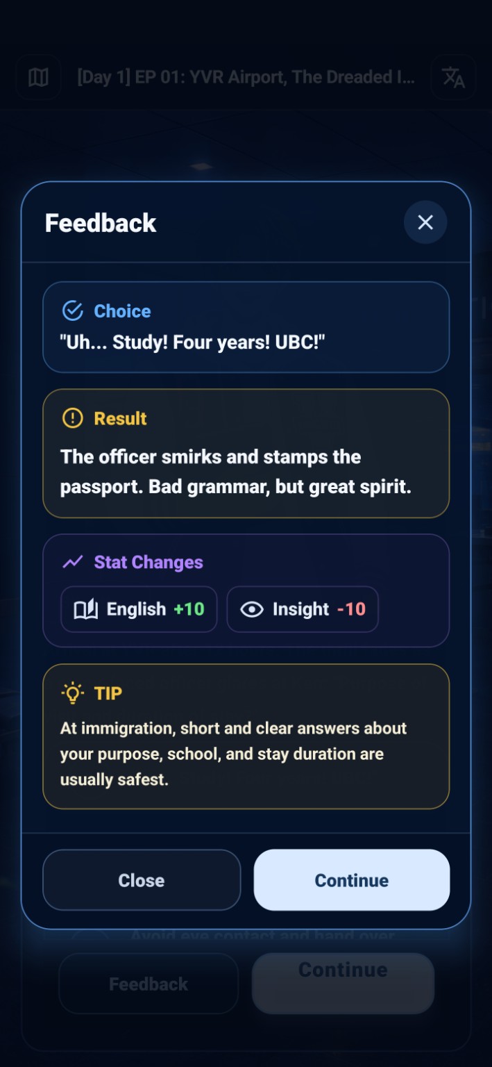 Read The Room feedback screen showing result and stat changes